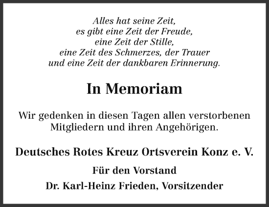 Todesanzeige von Deutsches Rotes Kreuz Ortsverein Konz e. V. gedenkt von trierischer_volksfreund