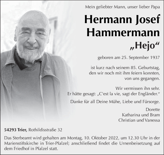 Todesanzeige von Hermann Josef Hammermann von trierischer_volksfreund