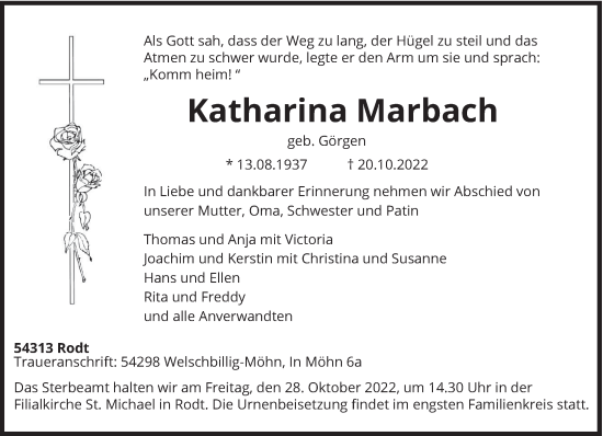 Todesanzeige von Katharina Marbach von trierischer_volksfreund