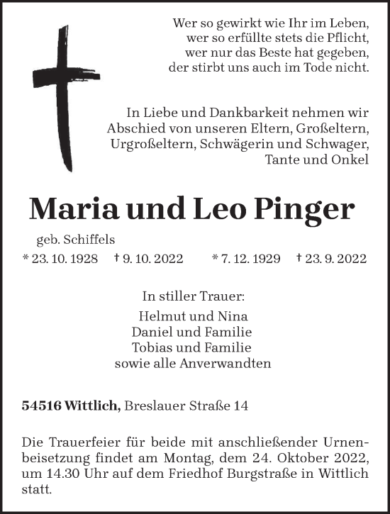 Todesanzeige von Maria und Leo Pinger von trierischer_volksfreund