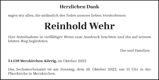 Todesanzeige von Reinhold Wehr von trierischer_volksfreund
