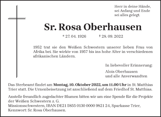 Todesanzeige von Sr. Rosa Oberhausen von trierischer_volksfreund