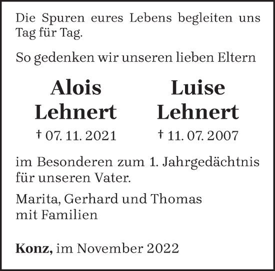 Todesanzeige von Alois und Luise Lehnert von trierischer_volksfreund