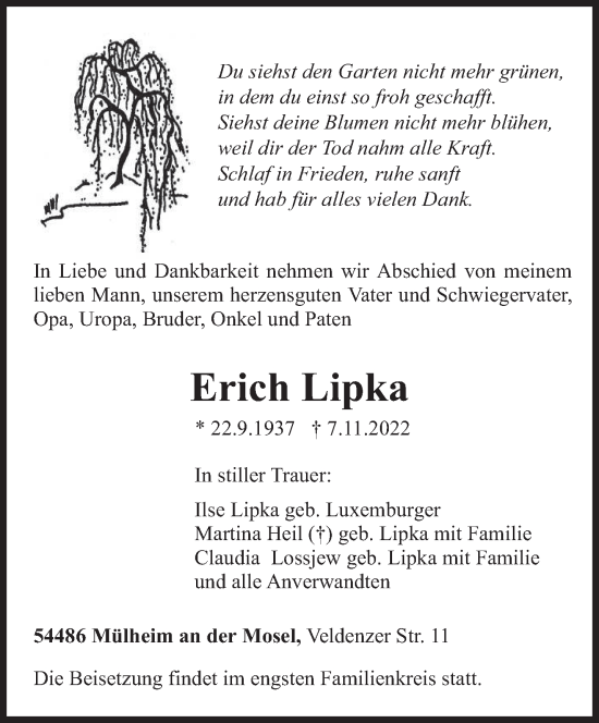 Todesanzeige von Erich Lipka von trierischer_volksfreund