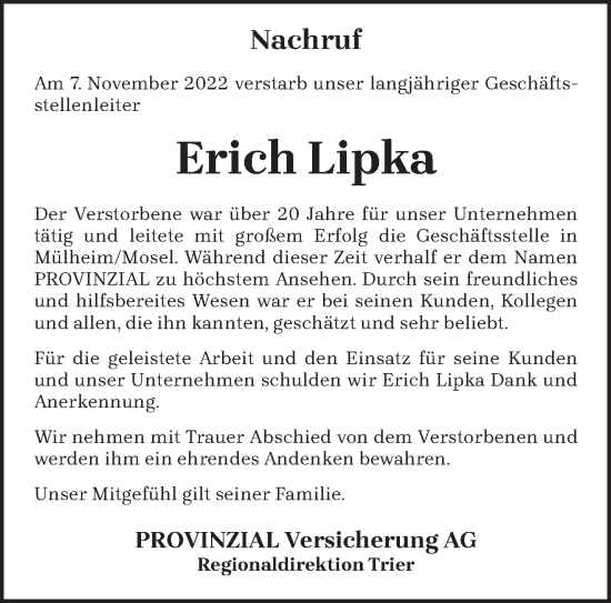 Todesanzeige von Erich Lipka von trierischer_volksfreund