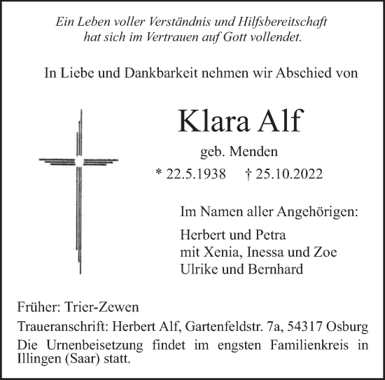 Todesanzeige von Klara Alf von trierischer_volksfreund