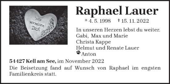 Todesanzeige von Raphael Lauer von trierischer_volksfreund