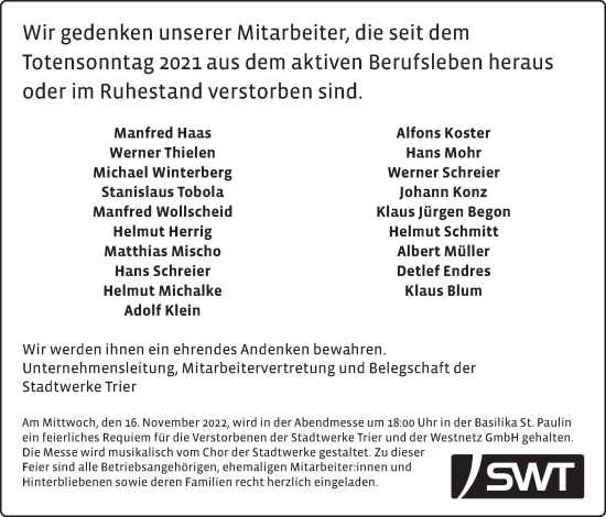 Todesanzeige von Stadtwerke Trier und Westnetz GmbH gedenkt von trierischer_volksfreund