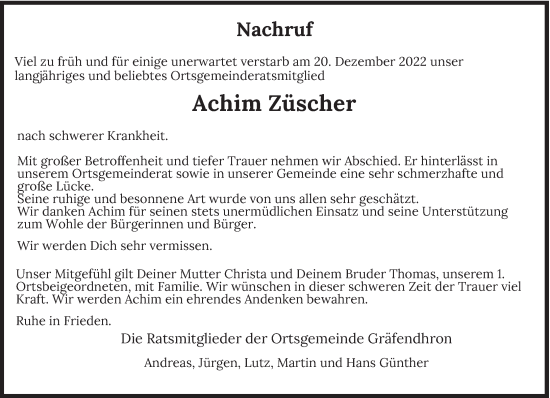 Todesanzeige von Achim Züscher von trierischer_volksfreund