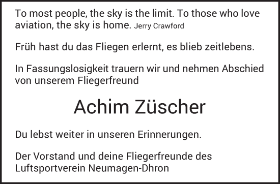 Todesanzeige von Achim Züscher von trierischer_volksfreund