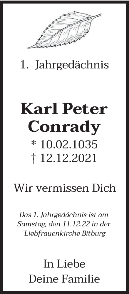 Todesanzeige von Karl Peter Conrady von trierischer_volksfreund