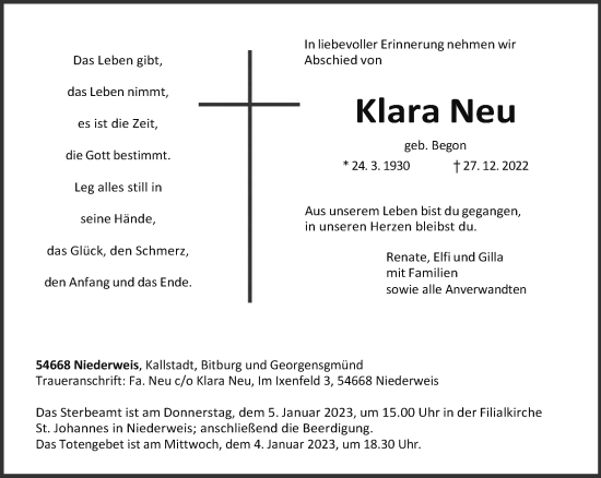 Todesanzeige von Klara Neu von trierischer_volksfreund