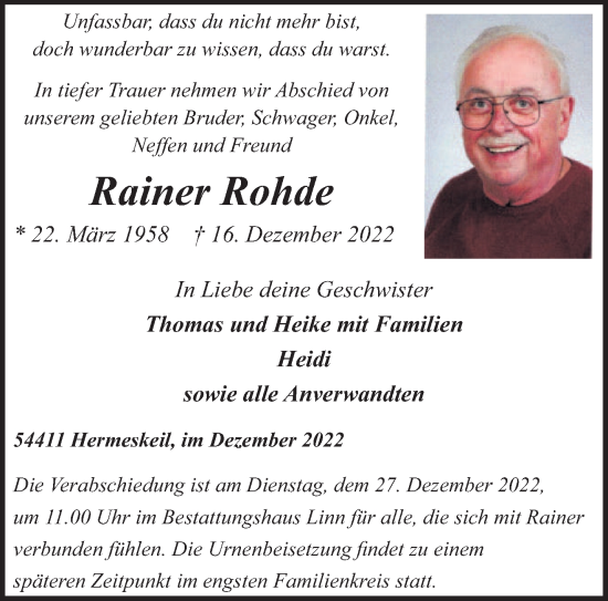 Todesanzeige von Rainer Rohde von trierischer_volksfreund