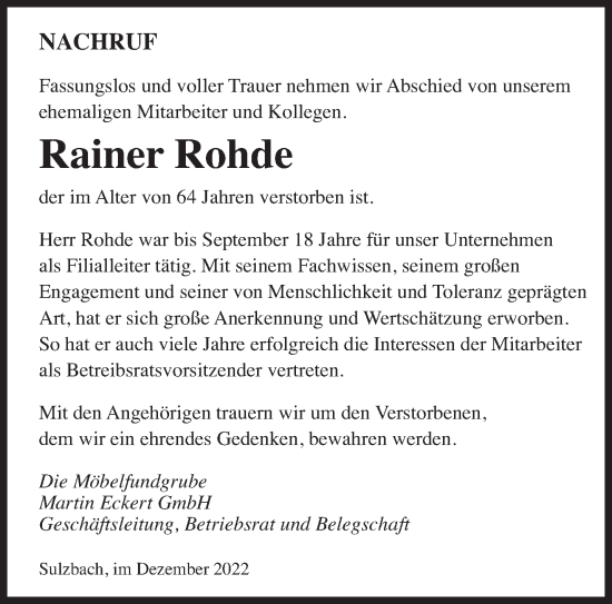 Todesanzeige von Rainer Rohde von trierischer_volksfreund