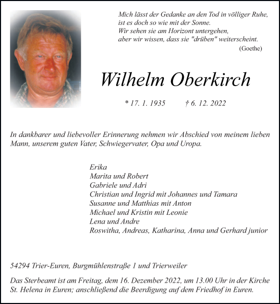 Todesanzeige von Wilhelm Oberkirch von trierischer_volksfreund