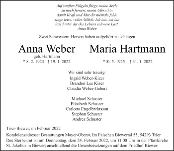 Todesanzeige von Anna und Maria  von trierischer_volksfreund