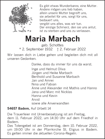 Todesanzeige von Maria Marbach von trierischer_volksfreund
