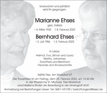Todesanzeige von Marianne und Bernhard Ehses von trierischer_volksfreund