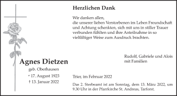 Todesanzeige von Agnes Dietzen von trierischer_volksfreund