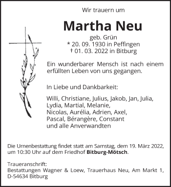 Todesanzeige von Martha Neu von trierischer_volksfreund