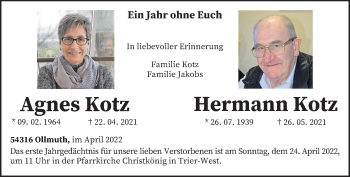 Todesanzeige von Agnes und Hermann Kotz von trierischer_volksfreund