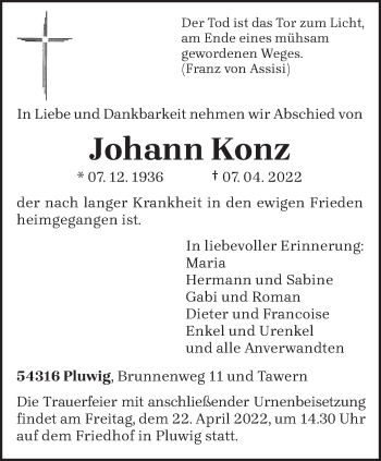 Todesanzeige von Johann Konz von trierischer_volksfreund