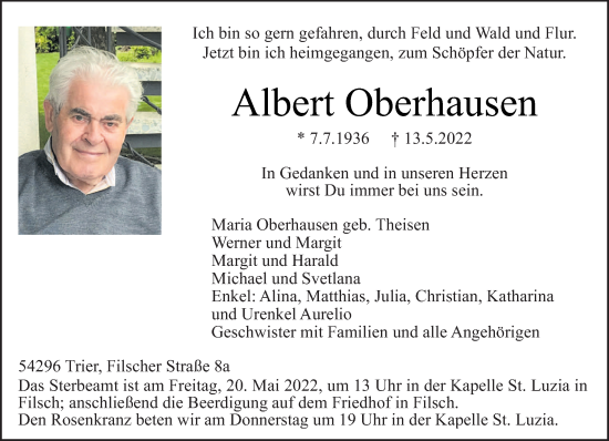 Todesanzeige von Albert Oberhausen von trierischer_volksfreund
