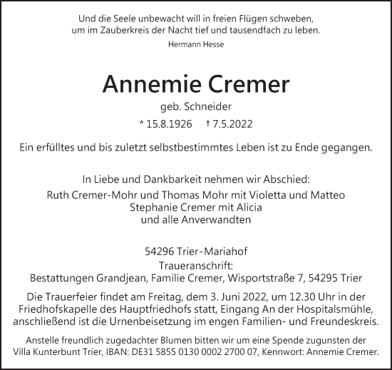 Todesanzeige von Annemie Cremer von trierischer_volksfreund