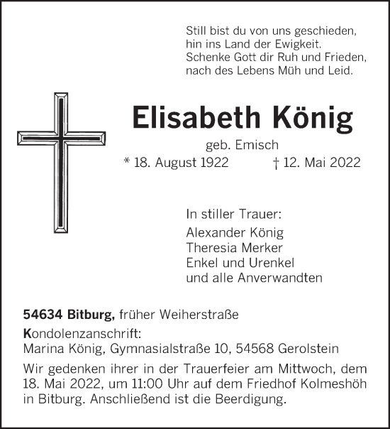 Todesanzeige von Elisabeth König von trierischer_volksfreund