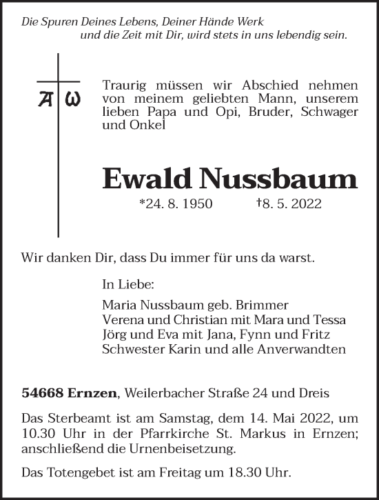 Todesanzeige von Ewald Nussbaum von trierischer_volksfreund