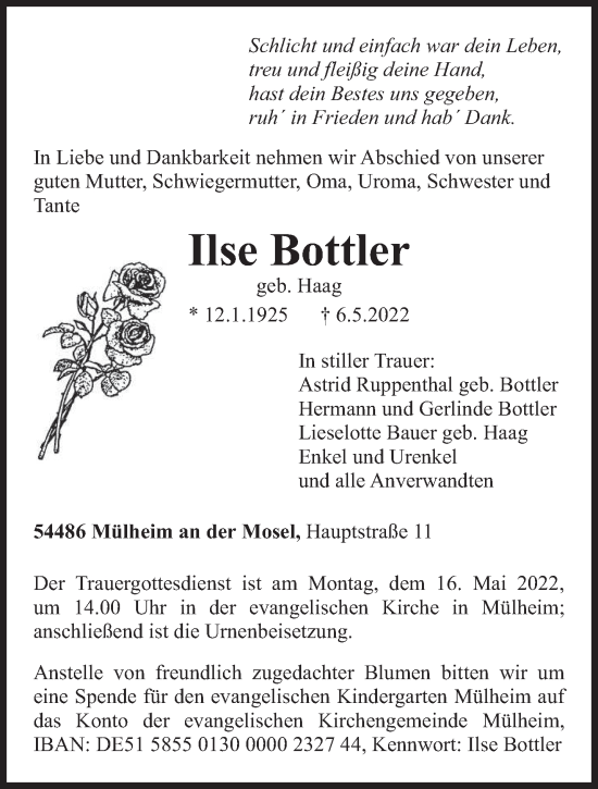 Todesanzeige von Ilse Bottler von trierischer_volksfreund