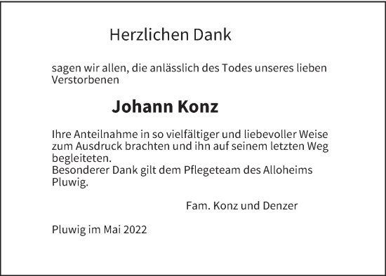 Todesanzeige von Johann Konz von trierischer_volksfreund