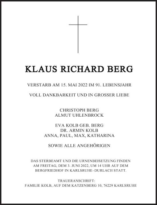 Todesanzeige von Klaus Richard Berg von trierischer_volksfreund