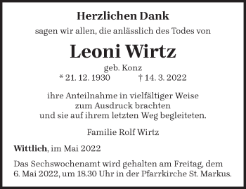 Todesanzeige von Leonie Wirtz von trierischer_volksfreund