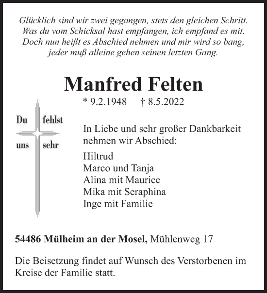 Todesanzeige von Manfred Felten von trierischer_volksfreund