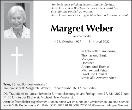 Todesanzeige von Margret Weber von trierischer_volksfreund