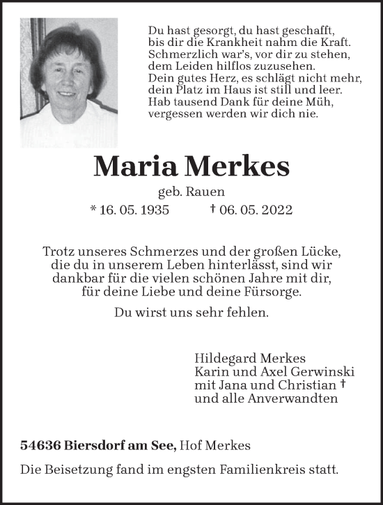 Todesanzeige von Maria Merkes von trierischer_volksfreund