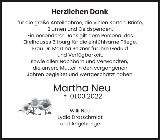 Todesanzeige von Martha Neu von trierischer_volksfreund
