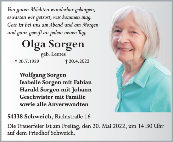 Todesanzeige von Olga Sorgen von trierischer_volksfreund