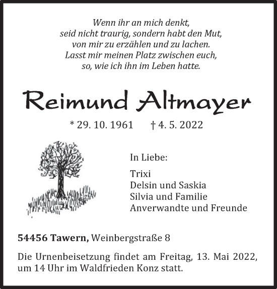 Todesanzeige von Reimund Altmayer von trierischer_volksfreund