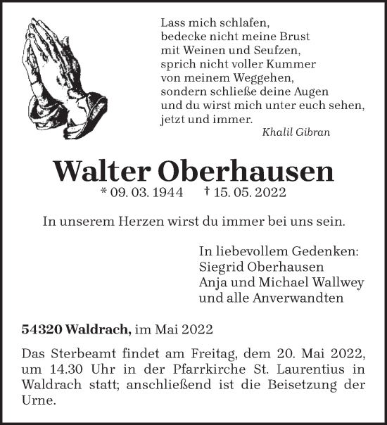 Todesanzeige von Walter Oberhausen von trierischer_volksfreund