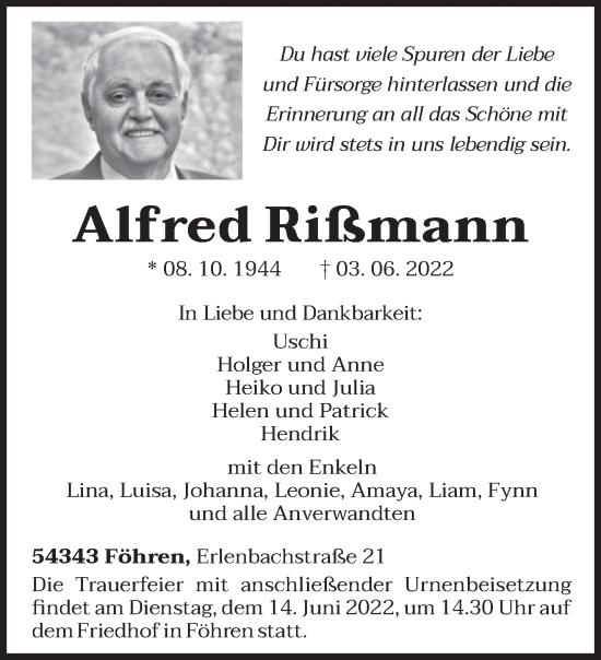 Todesanzeige von Alfred Rißmann von trierischer_volksfreund