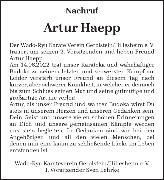 Todesanzeige von Artur Haepp von trierischer_volksfreund