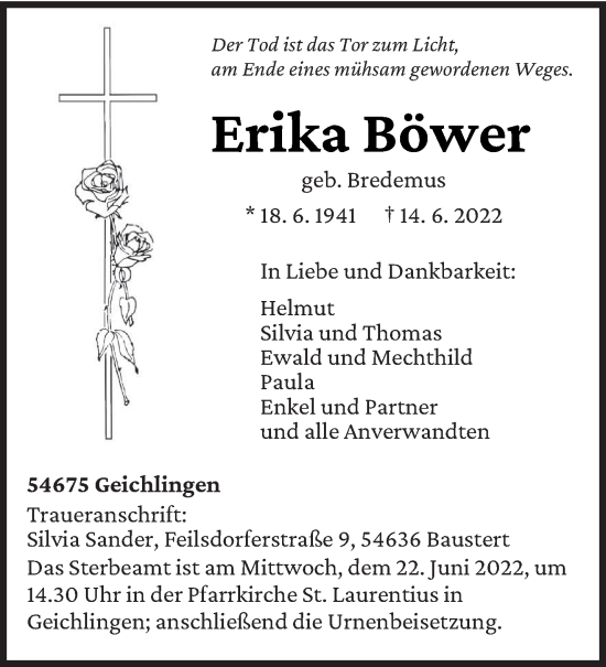 Todesanzeige von Erika Böwer von trierischer_volksfreund
