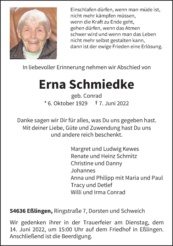 Todesanzeige von Erna Schmiedke von trierischer_volksfreund