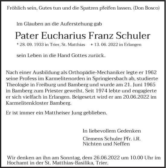 Todesanzeige von Eucharius Franz Schuler von trierischer_volksfreund