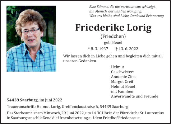 Todesanzeige von Friederike Lorig von trierischer_volksfreund