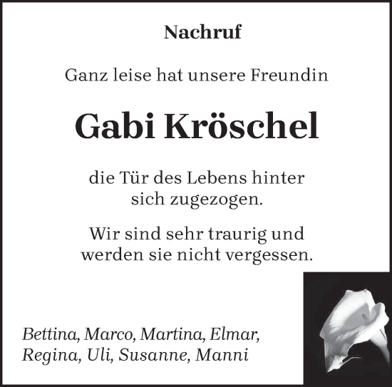 Todesanzeige von Gabi Kröschel von trierischer_volksfreund