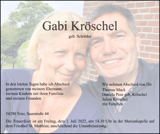 Todesanzeige von Gabi Kröschel von trierischer_volksfreund