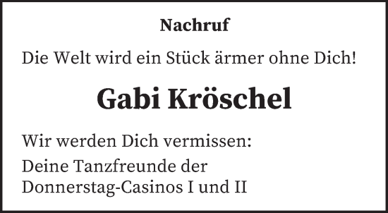 Todesanzeige von Gabi Kröschel von trierischer_volksfreund